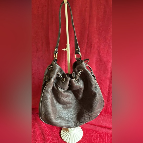 Ellen Tracy Brown Pebble Leather Hobo Bucket Bag with Gold